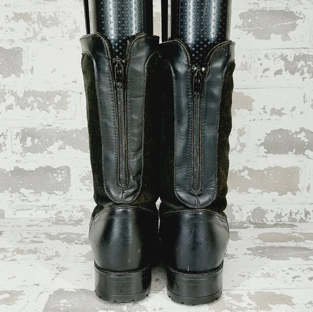 Regence Canada Black Leather And Suede Back Zipper Mid-Calf Boots T695